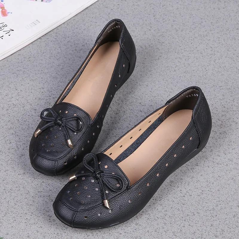 2025 Summer Mom Cowhide Leather Moccasins Woman Slip On Wedges Shoes Designer Breathable Hollow Out Bowtie Ballet Flats