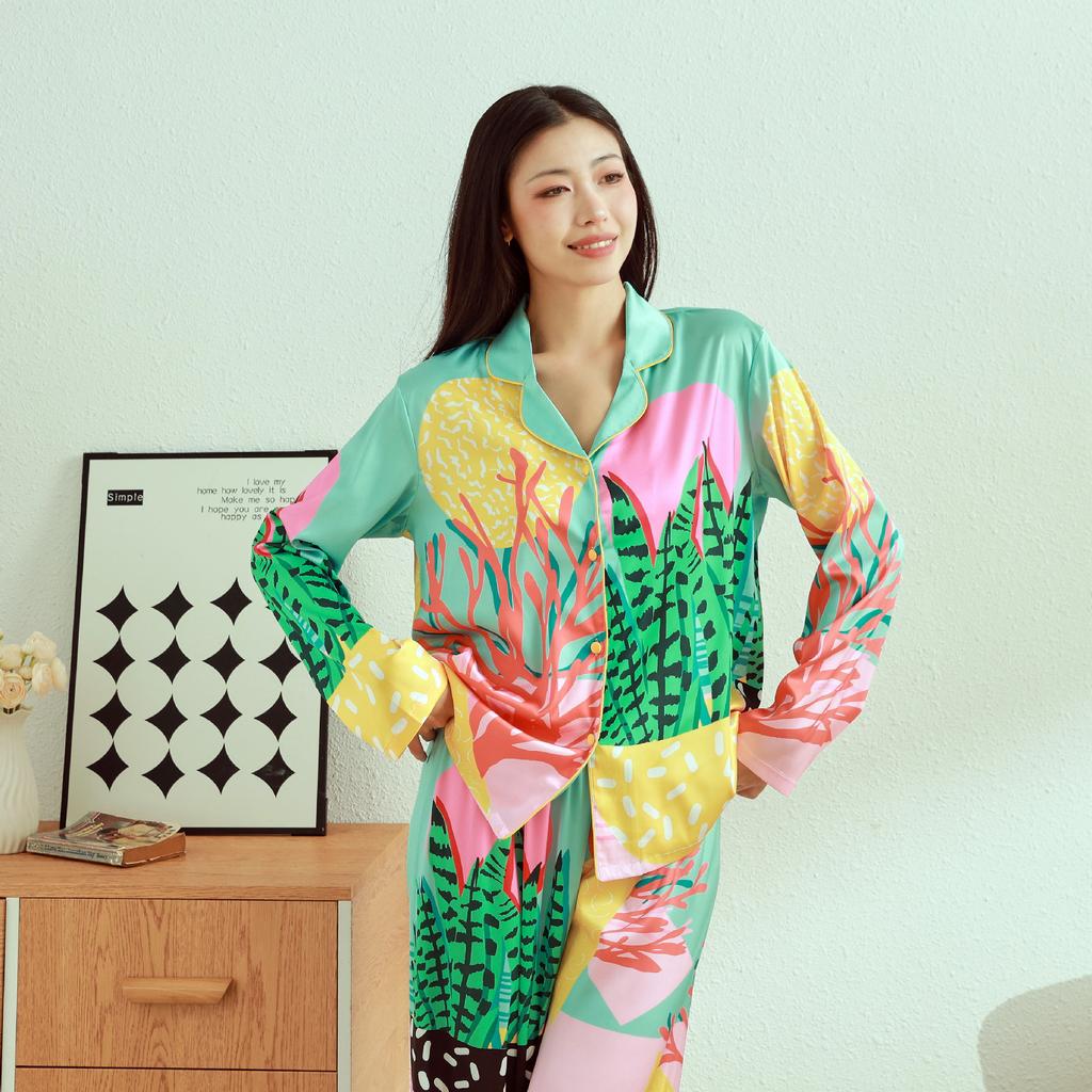 Женский пижамный комплект с зеленым принтом, брюки с длинными рукавами, одежда для дома и отдыха на открытом воздухе, пижамы