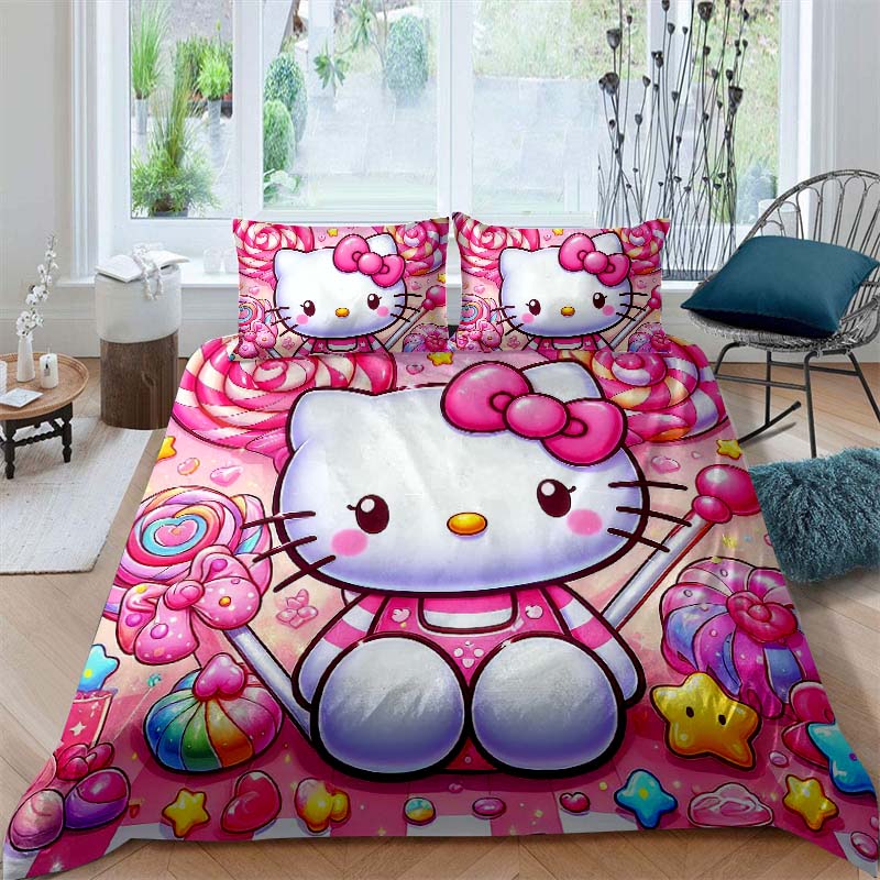 This Hello Kitty three-piece bedding set with a cartoon heart print, including one duvet cover and two pillowcases, makes a perf