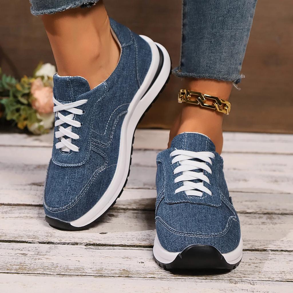 Fashion Blue Denim Platform Sneakers Women Fashion Thick Sole Lace Up Sports Shoes Woman Plus Size 43 Comfortable Casual Female Sneakers