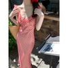 Summer 2024 New Elegant Party Dress Women Casual Plaid Strap Midi Dress Y2k Korean Fashion Slim Temperament Fishtail Dress Chic