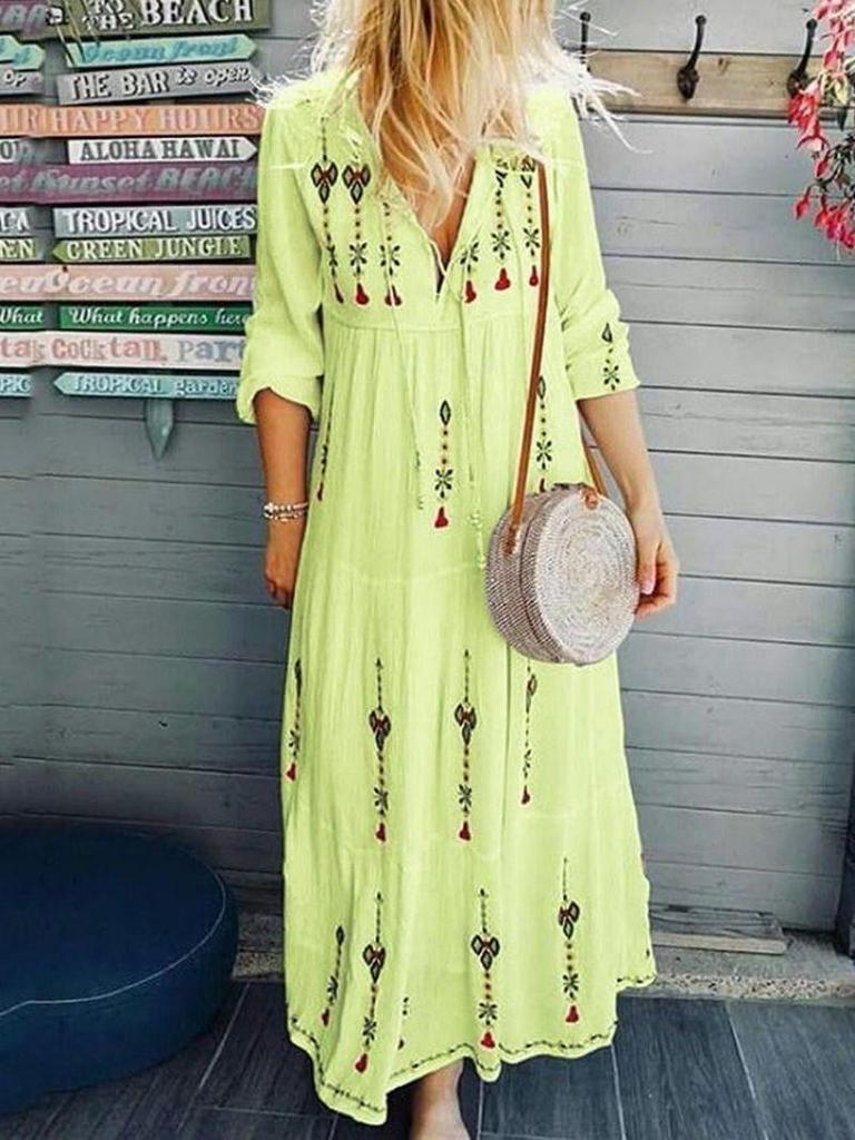 Women's Maxi Dress V-Neck Half Sleeve Multicolor Printed Long Dress Boho Dress
