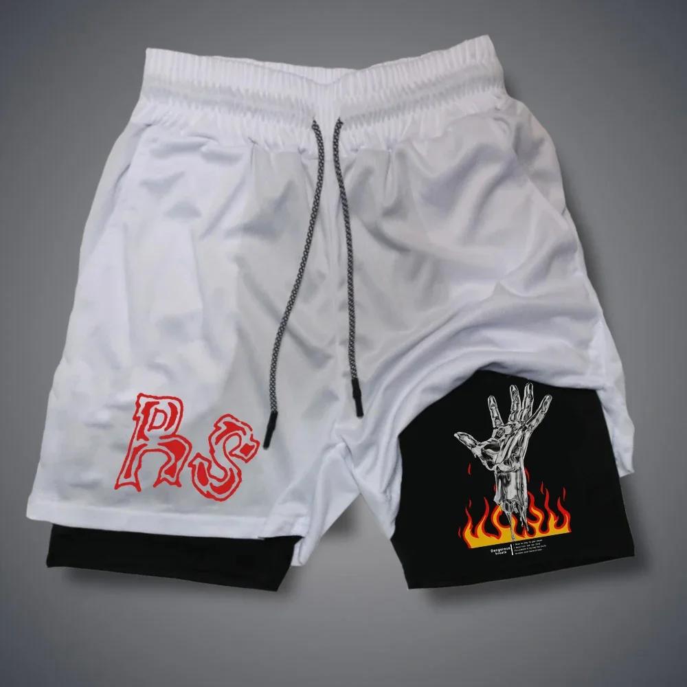 Летние шорты с принтом букв RS, мужские быстросохнущие шорты 2 в 1, уличные женские спортивные шорты с изображением гитары и пламени