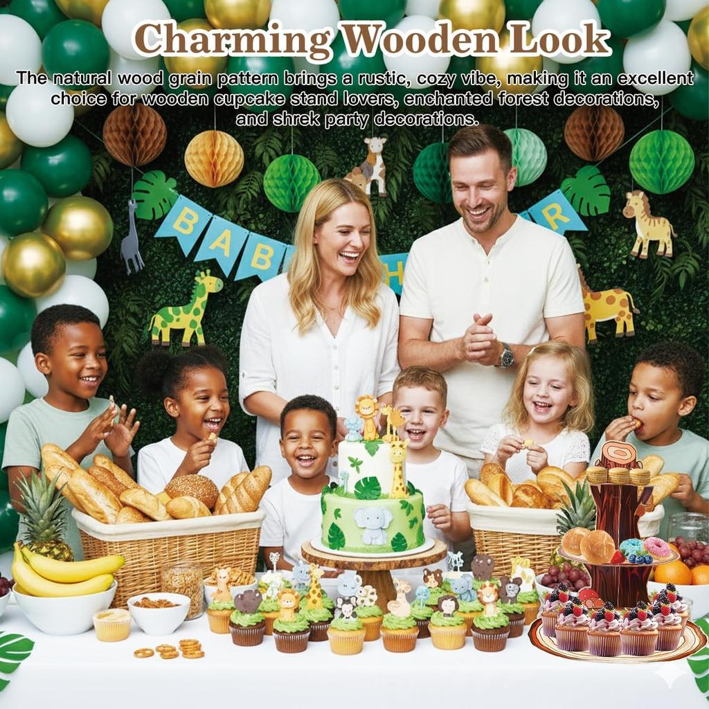 Wooden 3 Tier Cupcake Stand, Wood Style Cake Stand for Party Decorations Baby Shower Decoration, Enchanted Forest Safari Birthday Cupcake Decorations