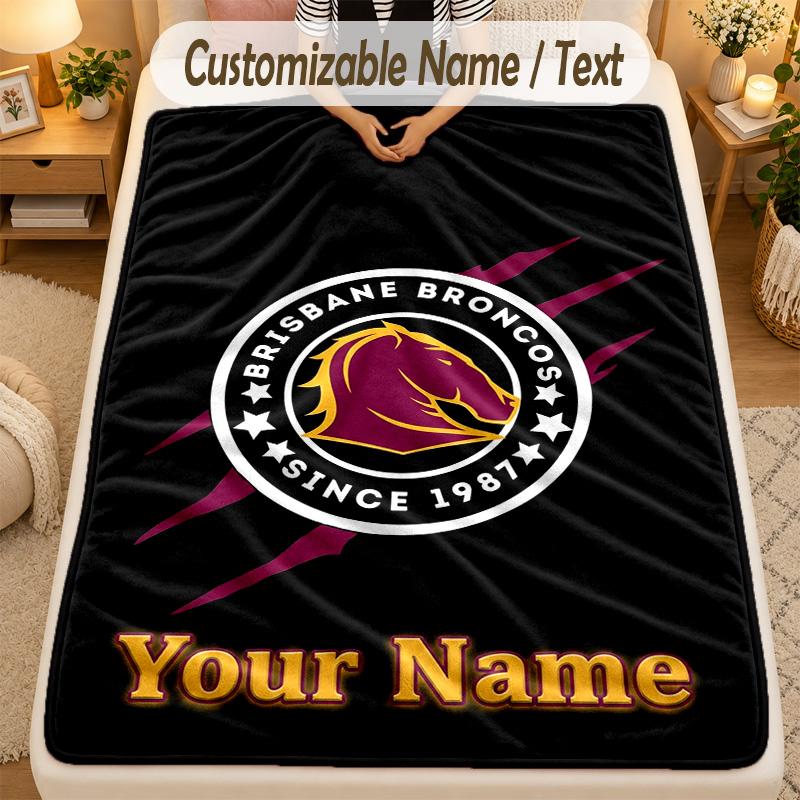 Flannel BlanketBrisbane Broncos Custom Name Text Personalized Soft Warm Throw Blanket Home Decor Gift