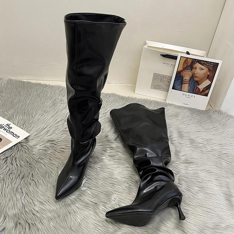 Модные дизайнерские женские сапоги с острым носком выше колена, модные женские длинные сапоги с большим цилиндрическим обхватом и тонким высоким каблуком