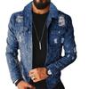 Mens Distressed Print Denim Jacket Winter Streetwear Casual Outerwear Slim Fit Blue Black Grey