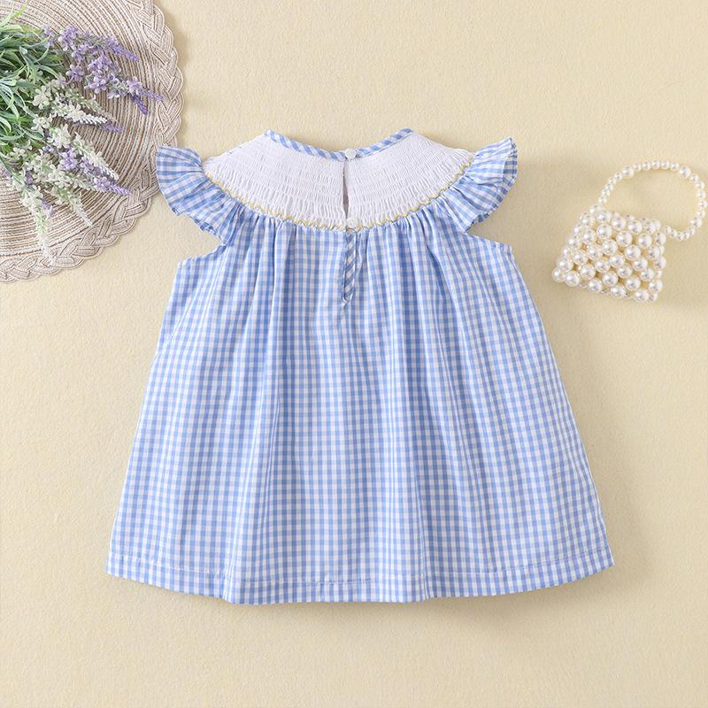 Girls Summer Cotton Plaid Princess Dress With Cute Bear Embroidery Smocked Fly Sleeve Thin Casual Party Sundress For Kids