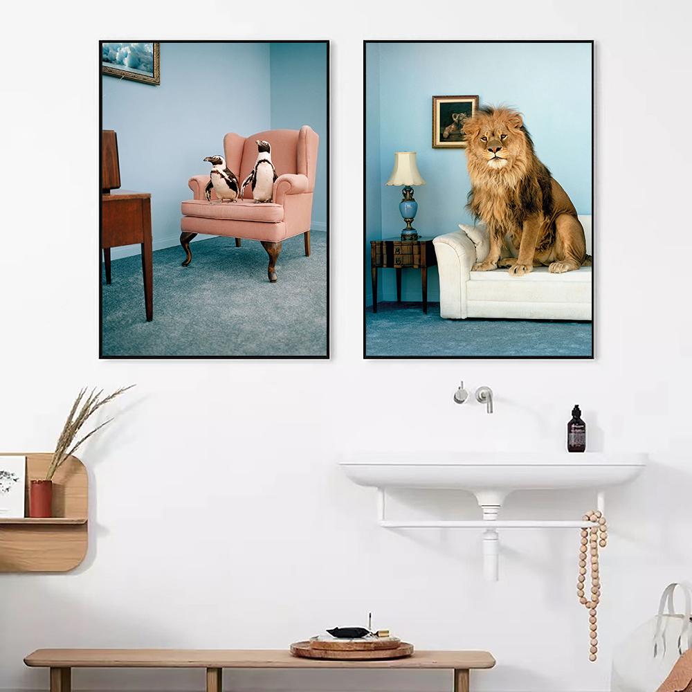 Cozy Lion Poster Hide and Seek Print The Penguin Show Canvas Painting Modern Vintage Animal Wall Art Pictures Kids Home Decor