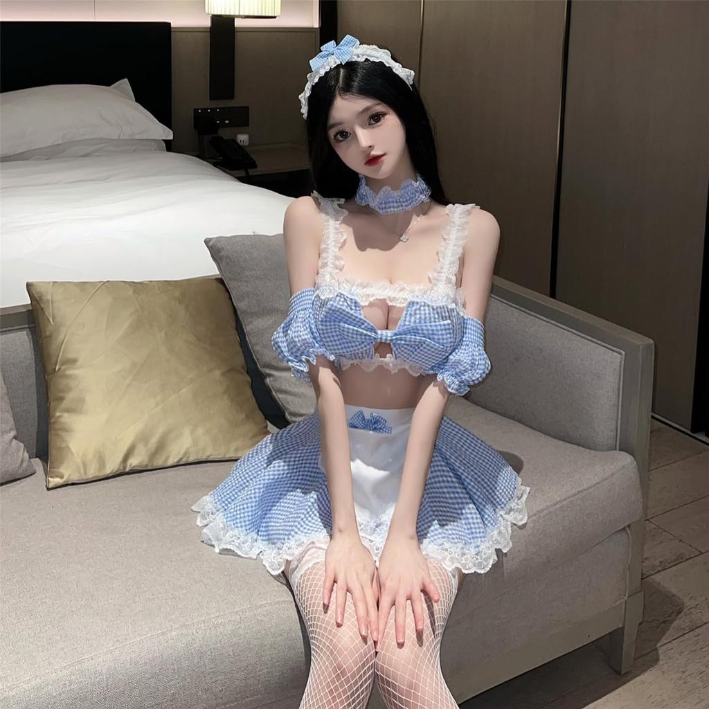 Sexy Maid Exposed Large Open Mini Halloween Fishnet Tights [YUEEI] Costume, Cosplay, Blue, Black, Checkered, Extreme, Hips, Bow, Back, Sleeveless,