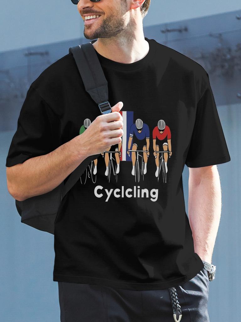 Графическая футболка для велоспорта - Хлопок 180 г, Круглый вырез, Короткий рукав, с минималистичным принтом велосипедиста и геометрическим узором