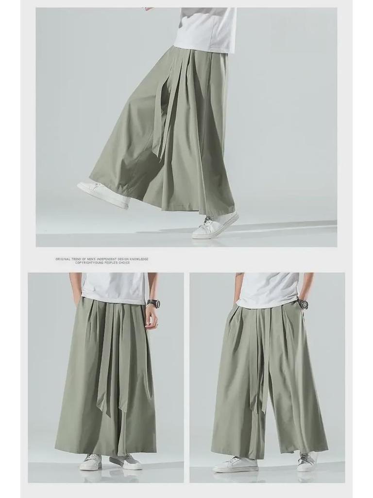 Мужские летние брюки-ханьфу из ледяного шелка с широкими штанинами в стиле ретро: Свободный, прямой, большой размер