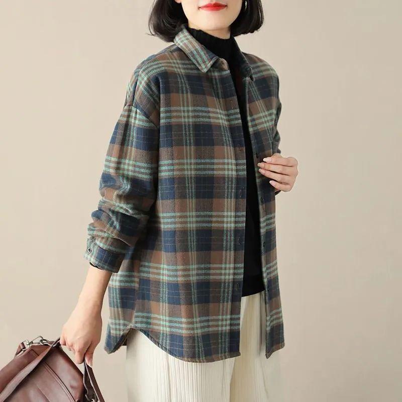 Casual Loose-Fitting Plaid Cotton Shirt for Women, Perfect for Autumn