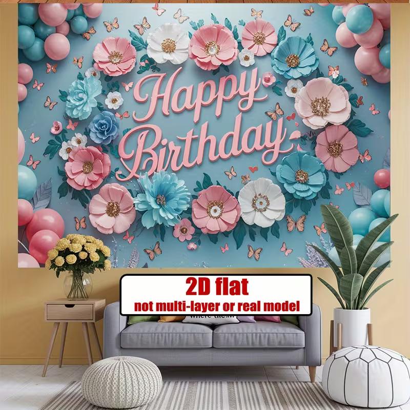2D Happy Birthday Photography Backdrop, Light Blue Background with Pink Flowers and Butterflies
