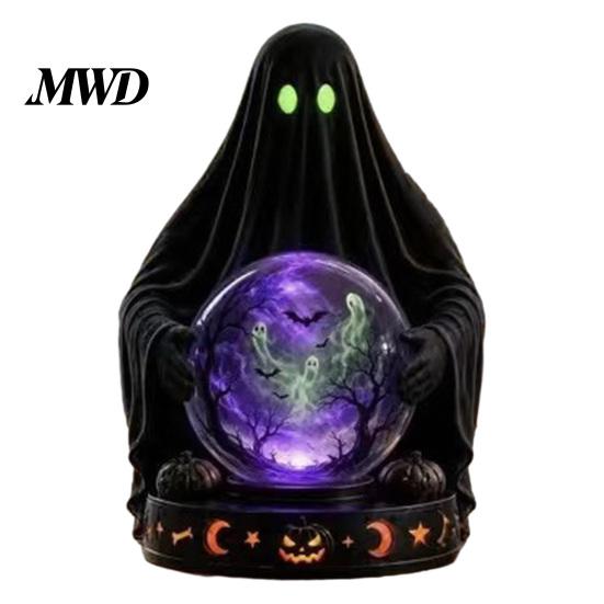 Ghostly Castle Night Light LED Lighted Halloween Faux Crystal Ball Decoration, Resin Witch/Skeleton/Cat/Ghost Figurine with Vintage Style Collectible