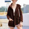 Women's  And Winter Loose Solid Color Stitching Long-Sleeved Pockets Plush Hooded Cardigan Coat