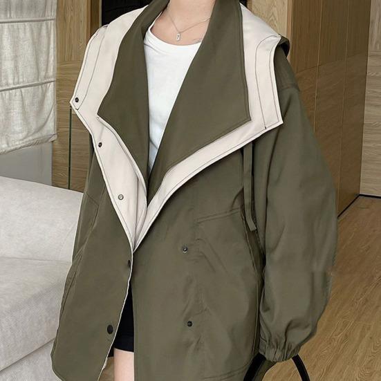 Женская ветровка с капюшоном, лоскутное цветное блоковое застежка-молния и пуговицы, длинные рукава, плотная талия, свободное пальто, куртка в стиле карго для отдыха на открытом воздухе