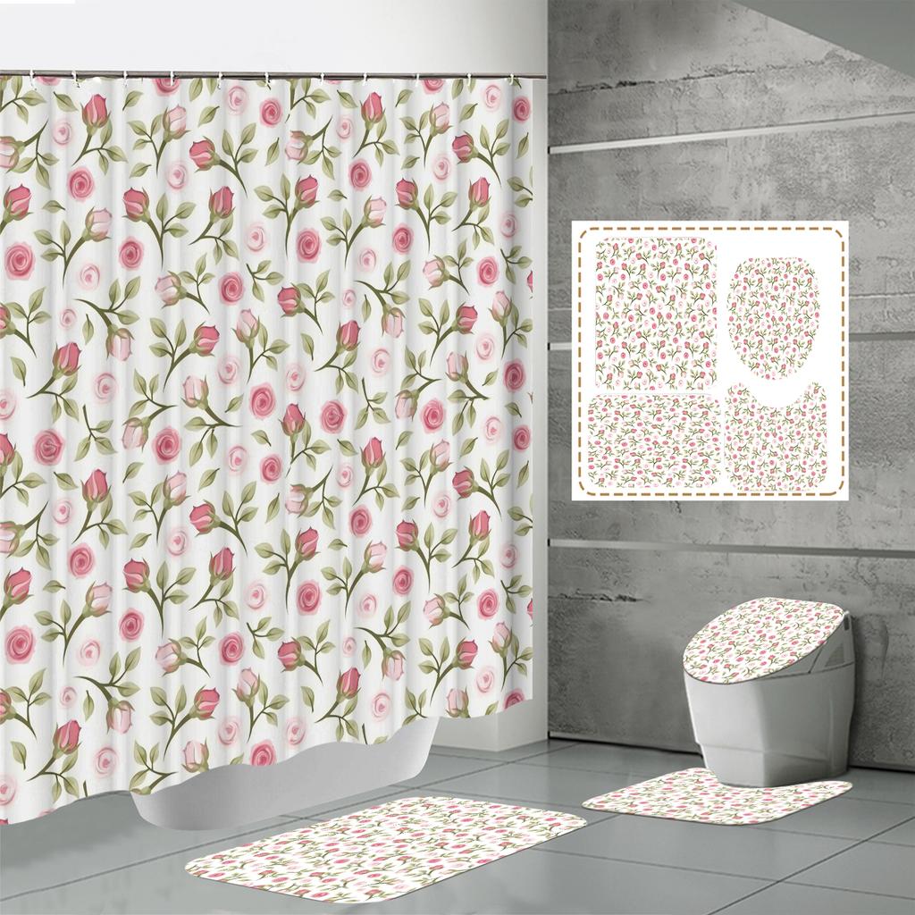 4 ШТ. Наборы штор для душа со шторкой для душа и ковриками, коврик для крышки унитаза, U-образный коврик и коврик для ванной, набор для ванной комнаты с 12 крючками