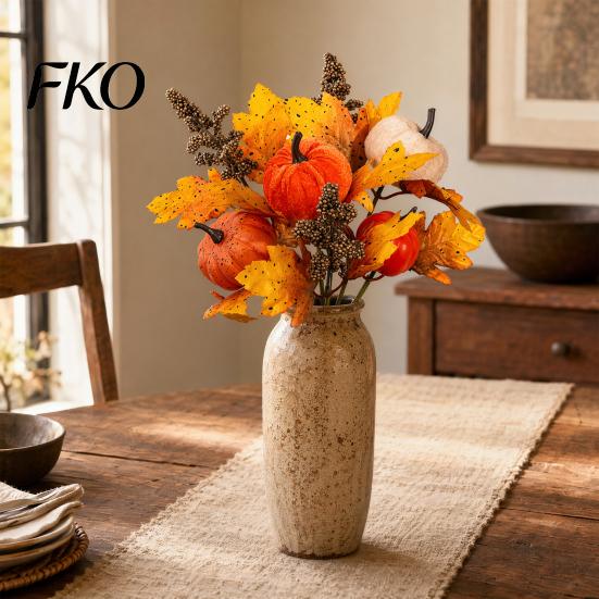 Reusable Autumn Bouquet Artificial Fall with Fabric Pumpkins Maple Leaves Wheat Berries, Orange Yellow Brown Home Decor for Thanksgiving Centerpieces,
