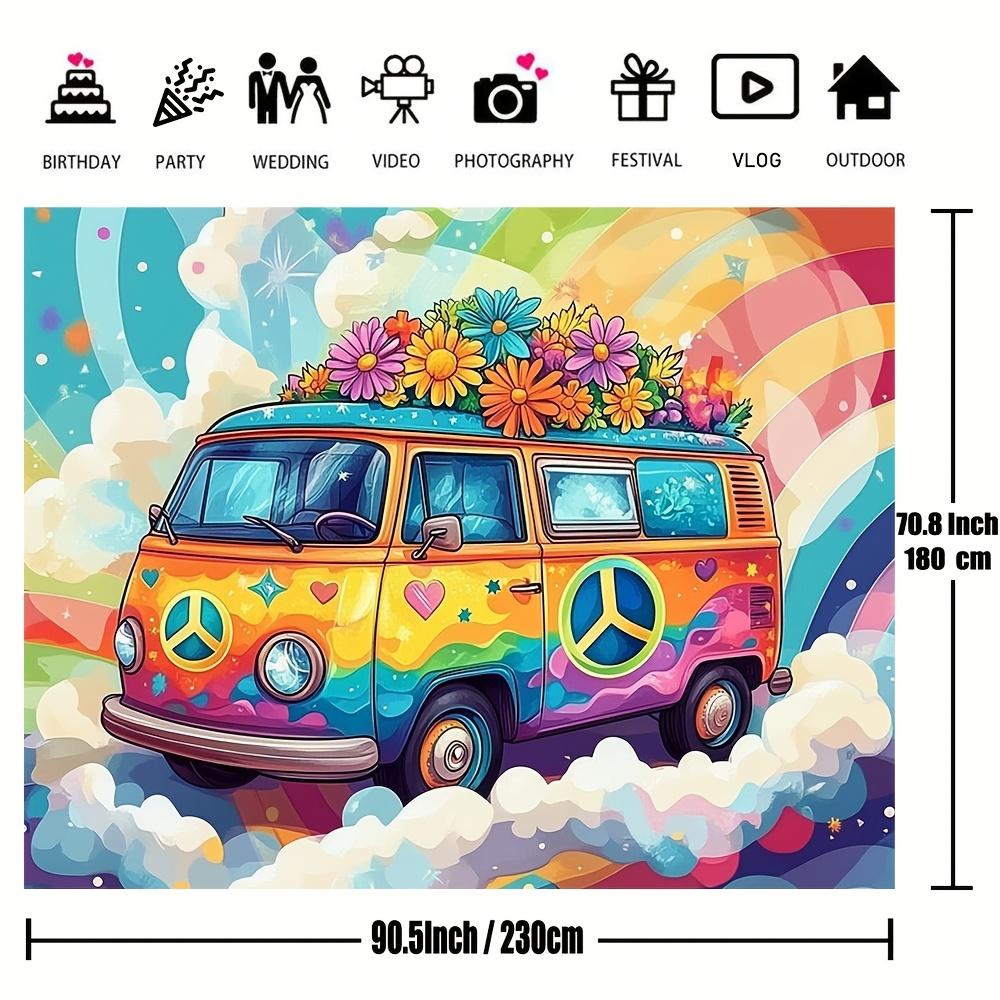 Psychedelic hippie bus and daisy retro party backdrop - multi-functional polyester fabric birthday party decoration