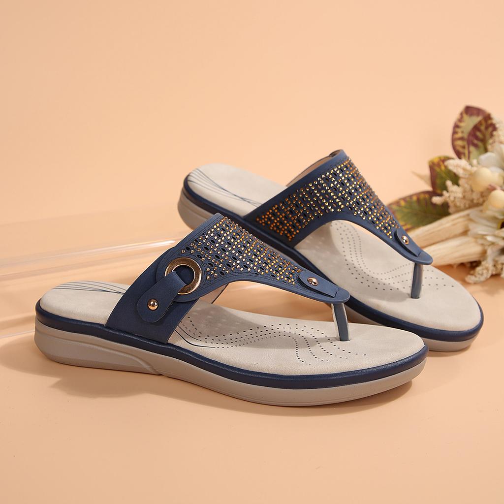 2025 Summer New Foreign Trade Clip Slippers Women's Shoes Plus Size Thick Sole Bright Diamond Decoration Casual Clip Slippers