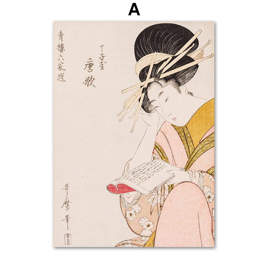 Японский стиль Журавль Ласточка Лебедь Женщина Цветочные постеры и принты Настенная живопись на холсте для гостиной Декоративные фотографии