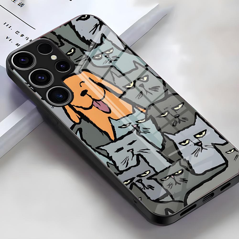 Милый мультяшный чехол для телефона с кошками и собаками для Samsung S26 S25 Edge Ultra S23 S22 S21 S20 Ultra Plus S24 Fe A54 A53 A25 Стеклянная крышка