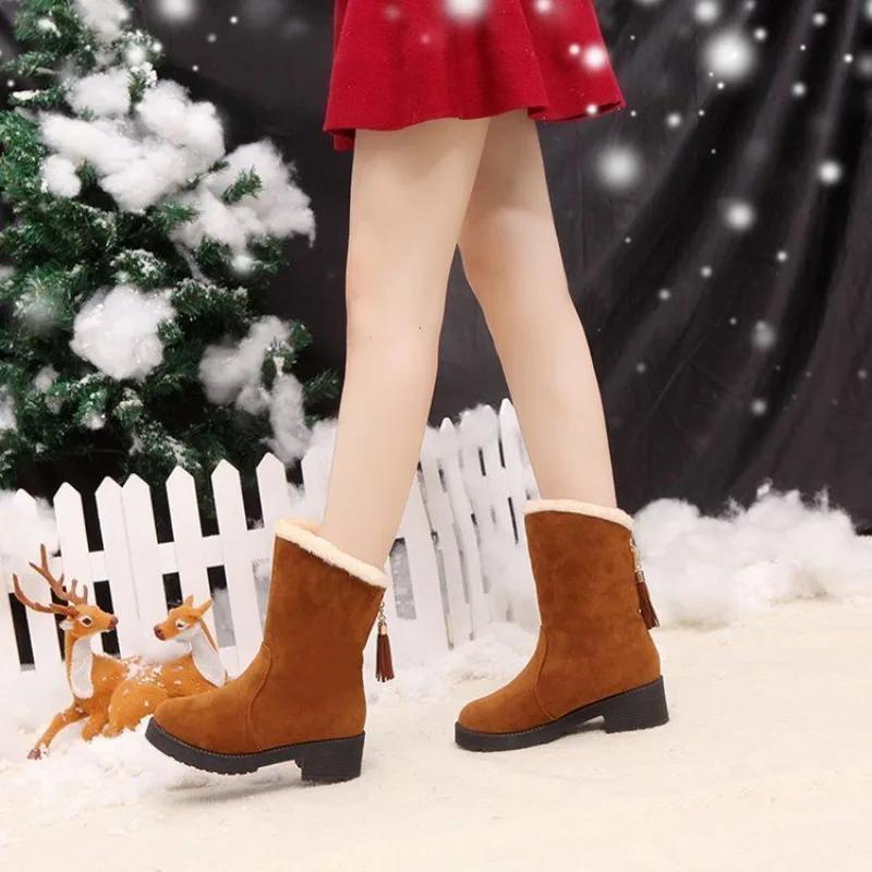 Модные женские туфли из красной замши средней длины с кисточками и круглым носком, элегантные, со средним каблуком, женские зимние сапоги в стиле готики Furry Cosplay