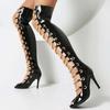 Fashion Summer Rivet Chain Fish Mouth Women Cool Boots Sexy Red High Heel Sandals Dress Party Over Knee Motorcycle Boots Size 34-48