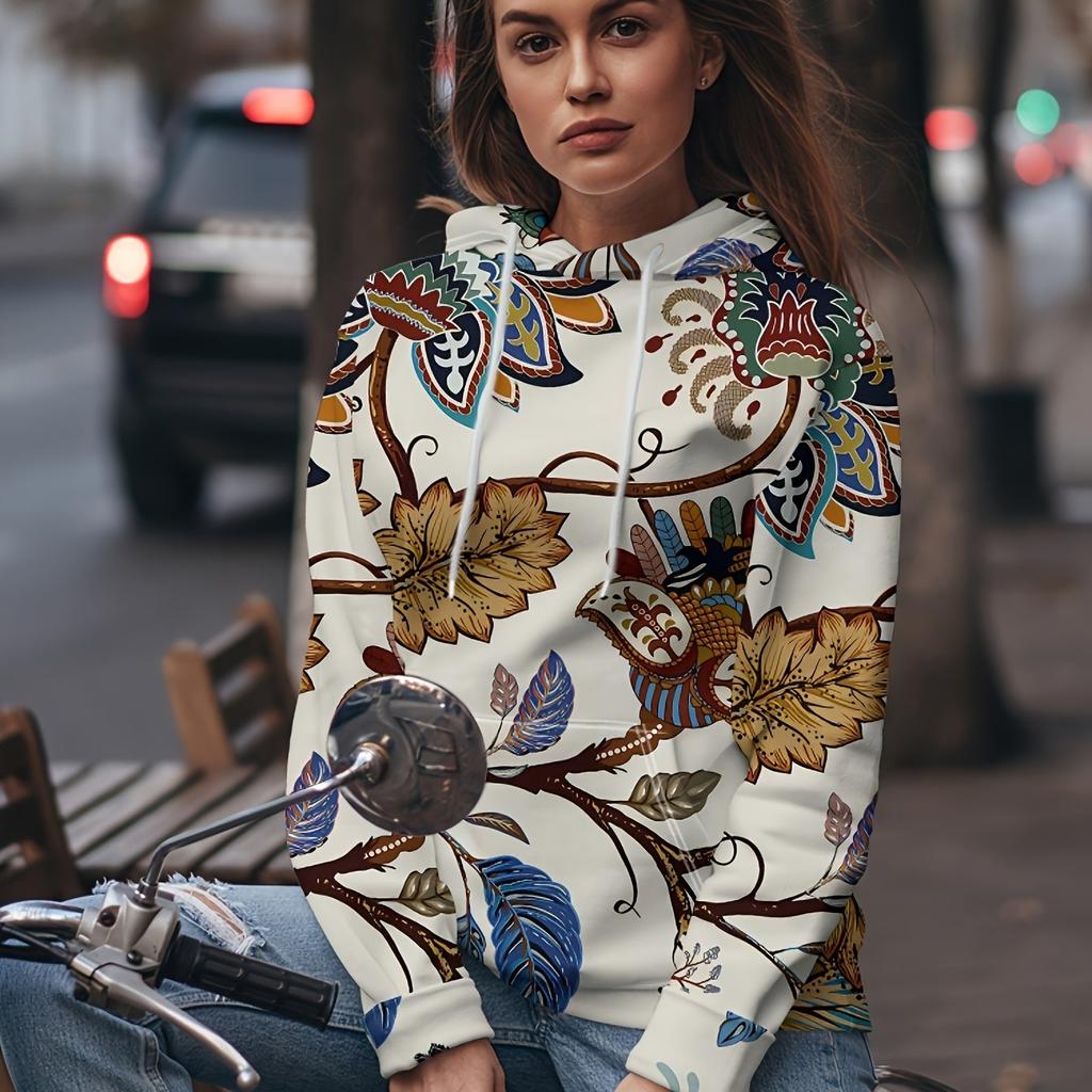 Womens Floral Print Hoodie with Kangaroo Pocket - Stylish Long Sleeve Drawstring Sweatshirt for Casual Wear - Comfortable, Trendy, All-Season Fashion
