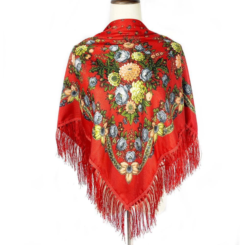 Women Retro Ukrainian Fringed Shawl Babushka Bandana Handkerchief Female Head Wraps Russian Floral Print Square Scarf