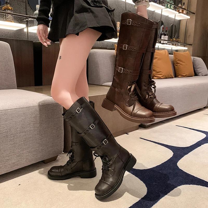 Новые женские рыцарские сапоги с пряжкой в стиле ретро с ремешком, толстой подошвой и толстым каблуком, панк-рыцарские сапоги/мотоциклетные сапоги