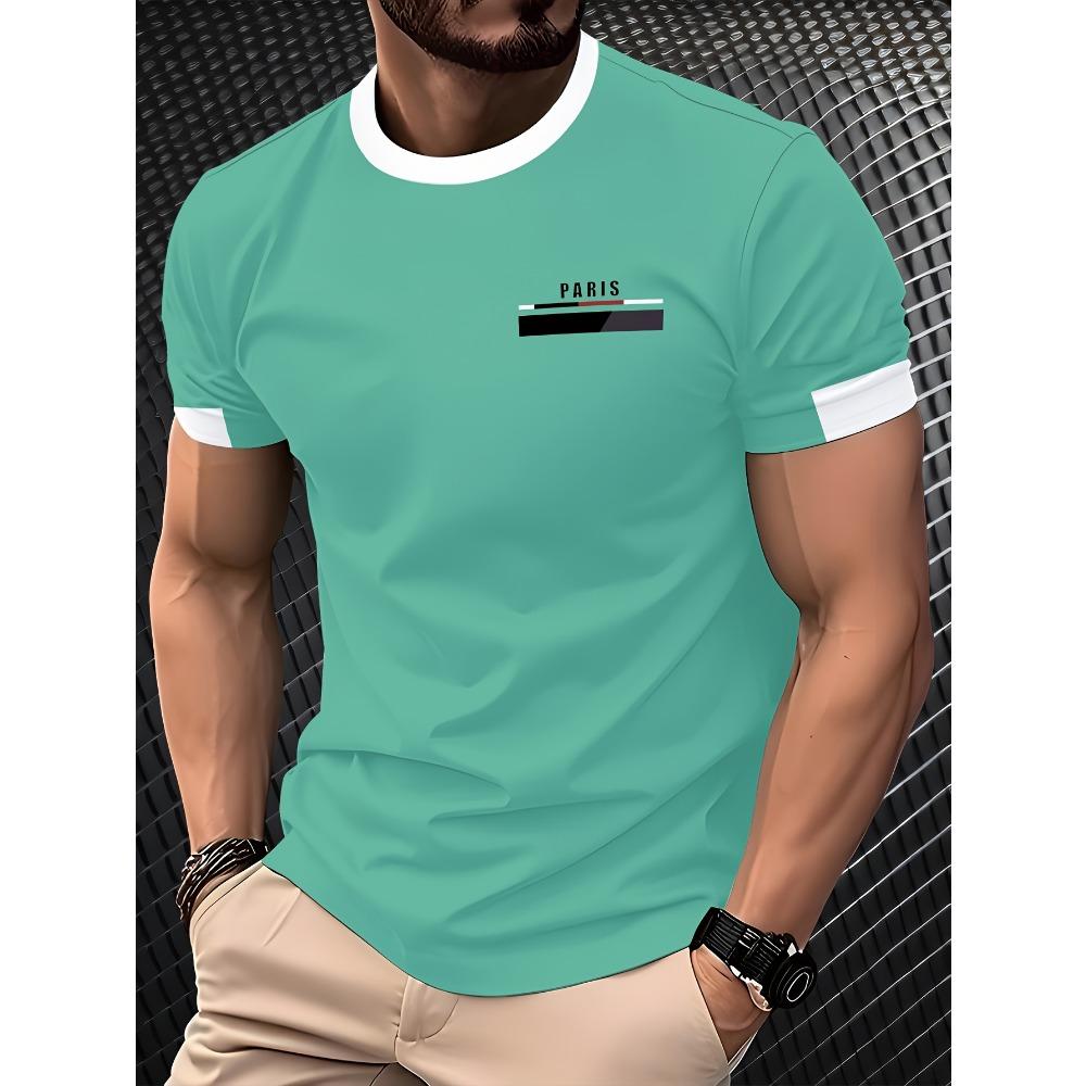 Men's 3D Printed Short Sleeved T-shirt with Color Blocked Striped Pattern, Breathable and Lightweight Fabric, Casual Men's Streetwear Top