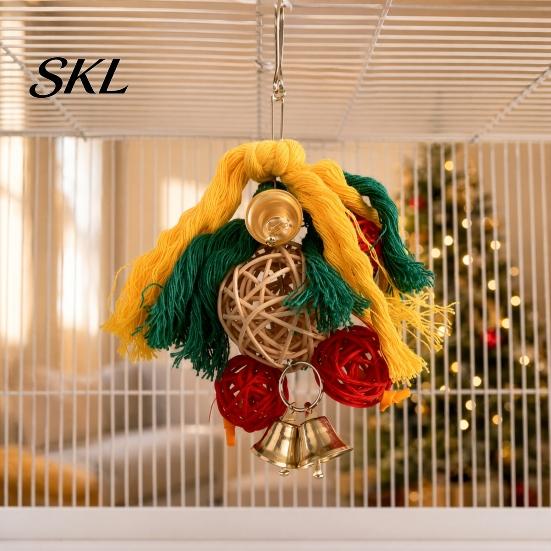 Safe Parrot Chew Toy Jingle Bell Toy, Red Green Christmas Bird Cage Cotton Rope Chewing for Lovebirds Budgies Conures Cockatiels Plaything