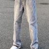Унисекс светло-серые прямые джинсы в американском стиле с потертостями и необработанным краем