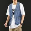 New Men Denim Vest Jacket Fashion Loose Personality Back Strap Casual Blue Male Sleeveless Jean Coat