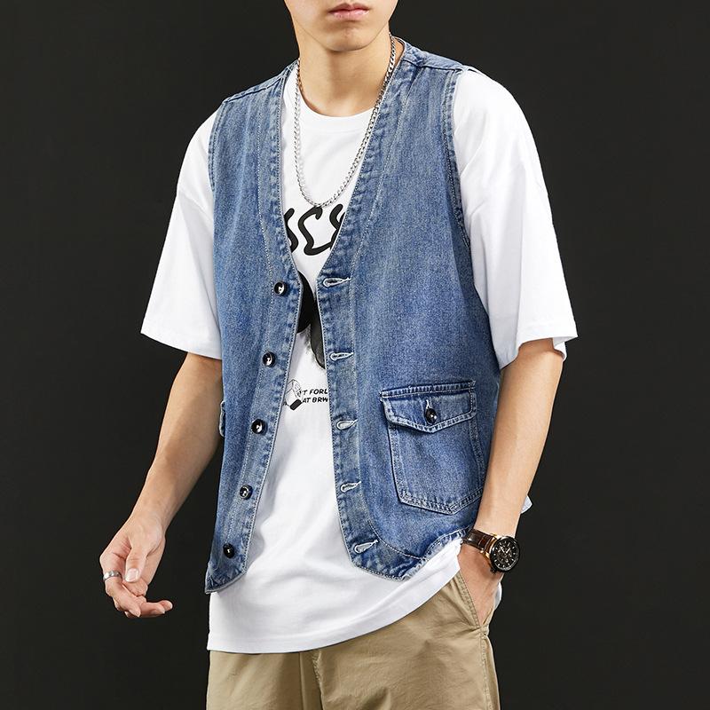 New Men Denim Vest Jacket Fashion Loose Personality Back Strap Casual Blue Male Sleeveless Jean Coat