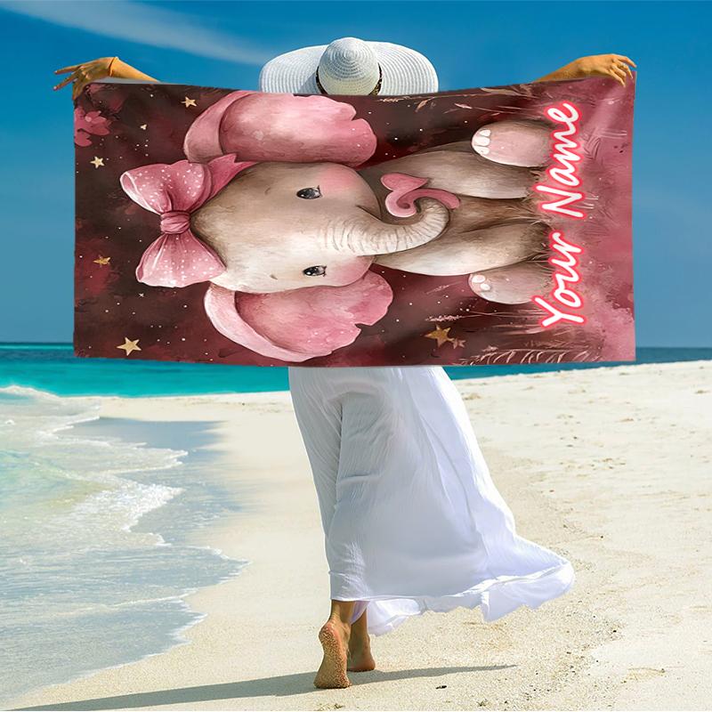 1PC Custom Name Pink Bow Elephant Night Beach Towel Highly Absorbent And Sand-Resistant Towel for Swimming, Pool, Yoga, And Travel Lightweight