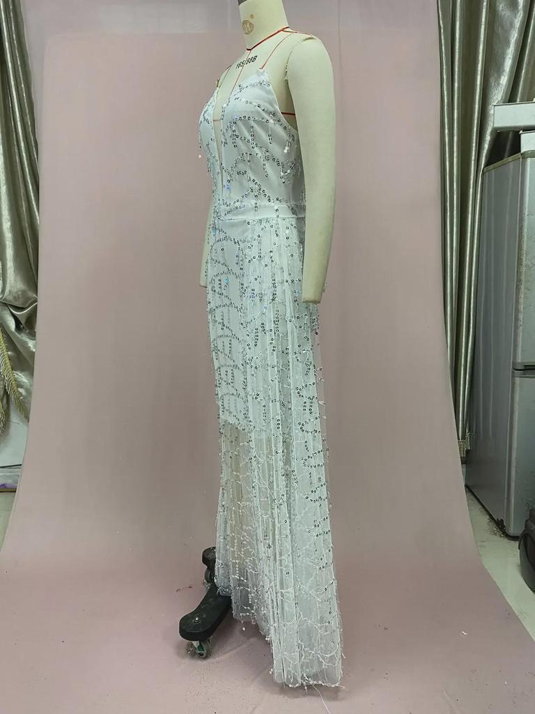 Женское сексуальное серебристое платье макси с V-образным вырезом на подтяжках 2025 года