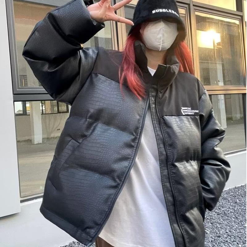 Женская винтажная куртка из искусственной кожи, хлопковая парка, черная толстая теплая зимне-осенняя куртка из искусственной кожи большого размера, верхняя одежда в корейском стиле