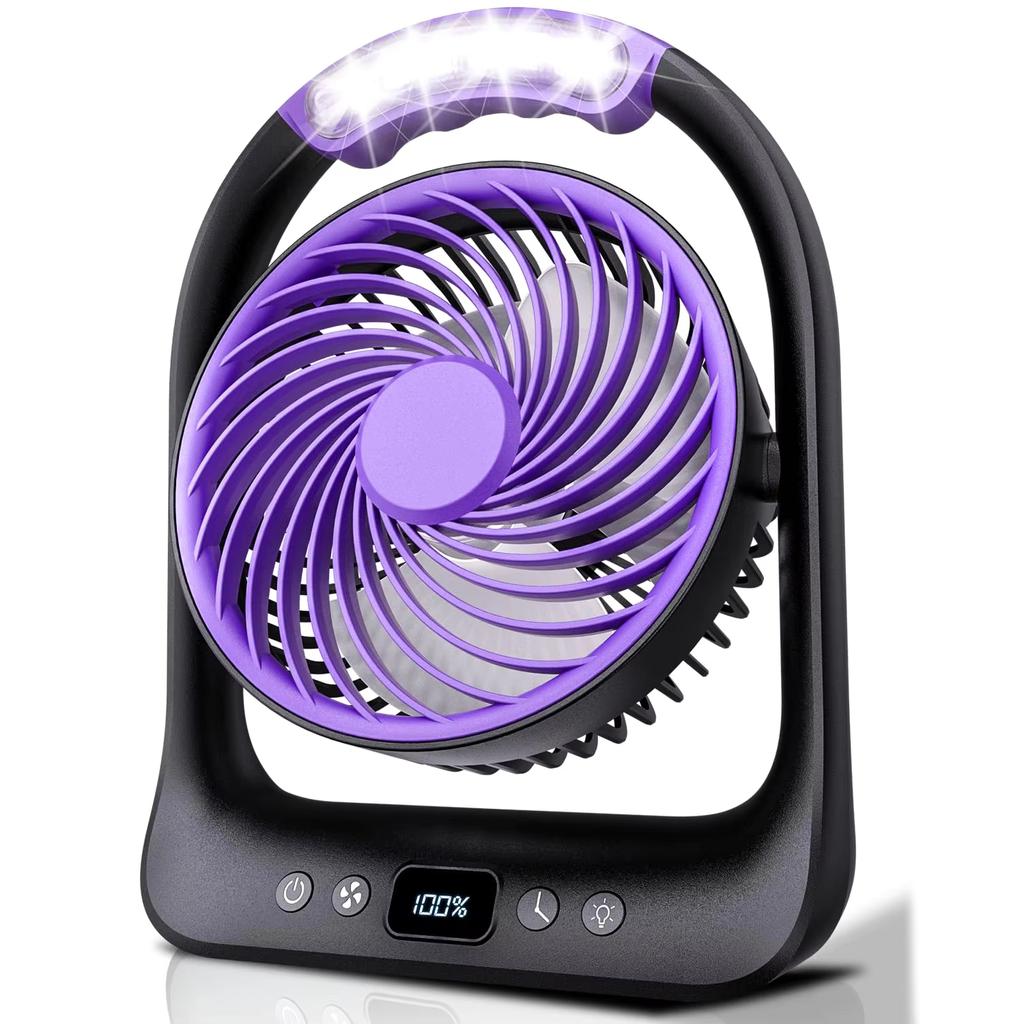 Вентилятор для кемпинга с 3 скоростями, регулируемый портативный настольный вентилятор, перезаряжаемый, наклоняемый на 360° электрический вентилятор со светодиодной подсветкой, вентилятор с заданным временем охлаждения