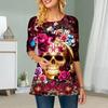 Plus Size Women Flower Skeleton Rose Print Round Neck Casual Loose Long Sleeve Top