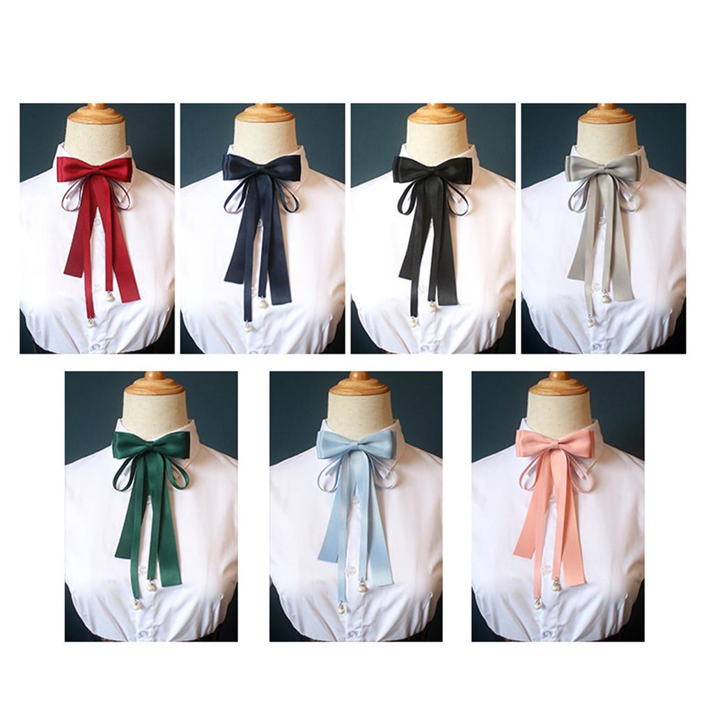 Elegant Pearls Long Ribbon Bowtie with Pin Pre Tied Adjustable Preppy Styles Bowknot Necktie for Fashionable Women Ties