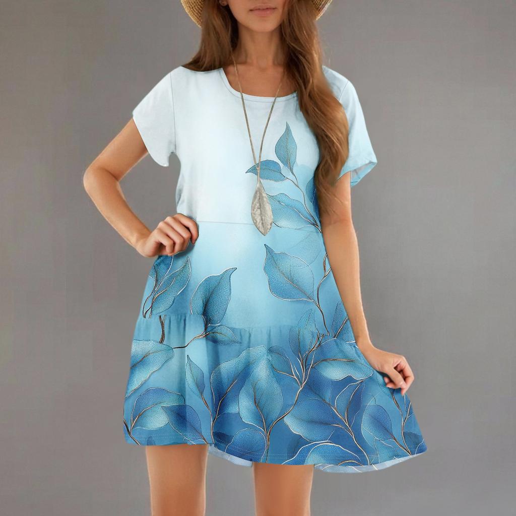Women's Fashion Casual Round Neck Short Sleeve Ruffle Gradient Printed Dresses