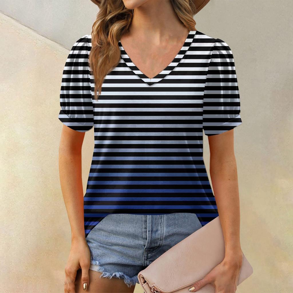 Women's Fashion Striped Printed Top Puff Short Sleeve V-neck T-shirt Loose Casual T-shirt
