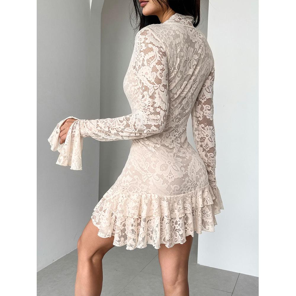 Женское мини-платье Y2k с цветочным кружевом, сексуальным глубоким V-образным вырезом, длинными рукавами и многослойным мини с оборками по подолу