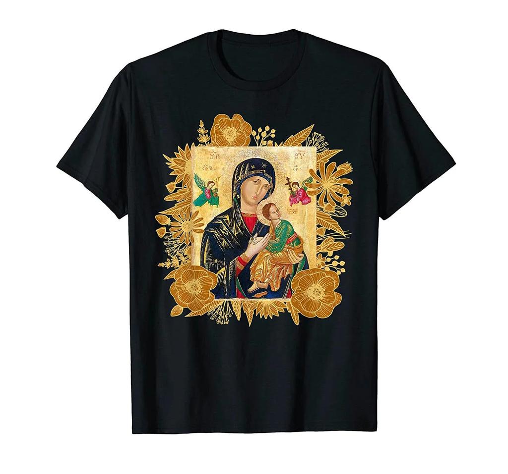 Our Lady of Perpetual Help Virgin Mary Catholic Icon T-Shirt Men Cotton Tshirt Tees Tops Anime Harajuku Streetwear