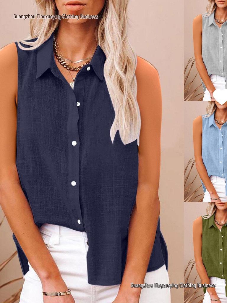 Летняя женская рубашка без рукавов с лацканами из хлопка и льна