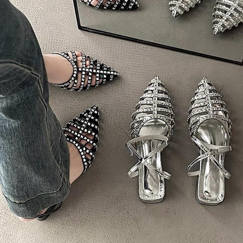 Французские серебряные босоножки со стразами, женские, лето 2024, однотонные, с острым носком, римские туфли