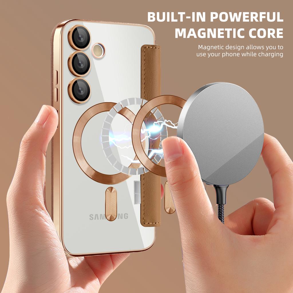 Магнитный кожаный чехол-кошелек для телефона Samsung S22 S23 S24 S25 plus Ultra A55 A35 A16 A05 с откидной крышкой и беспроводной зарядкой, держатель для карт Magsafe